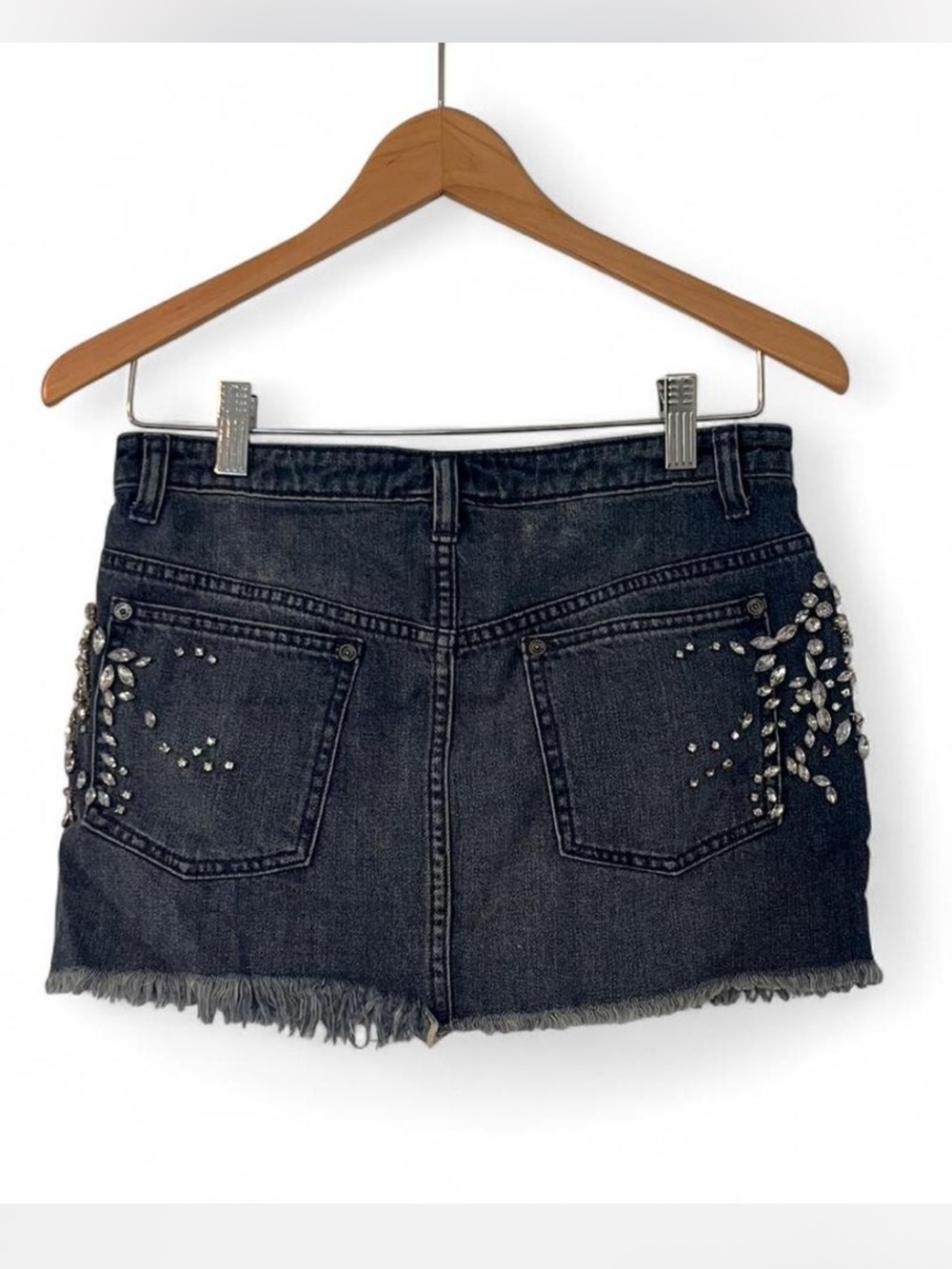 Free people dark wash denim mini skirt with floral beading and frayed hem - Picture 2 of 4